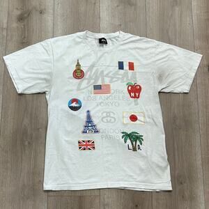 Stussy World Tour Flags Tee T Shirt Size Medium M White B2